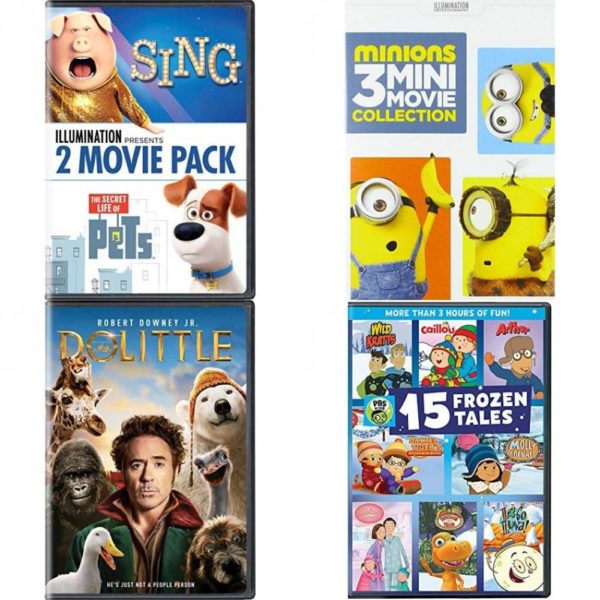 DVD Children's Movies 4 Pack Fun Gift Bundle: Universal Pictures Home Illumination Presents: 2-Movie Pack, Minions: 3 Mini-Movie Collection, Dolittle, PBS Kids: 15 Frozen Tales
