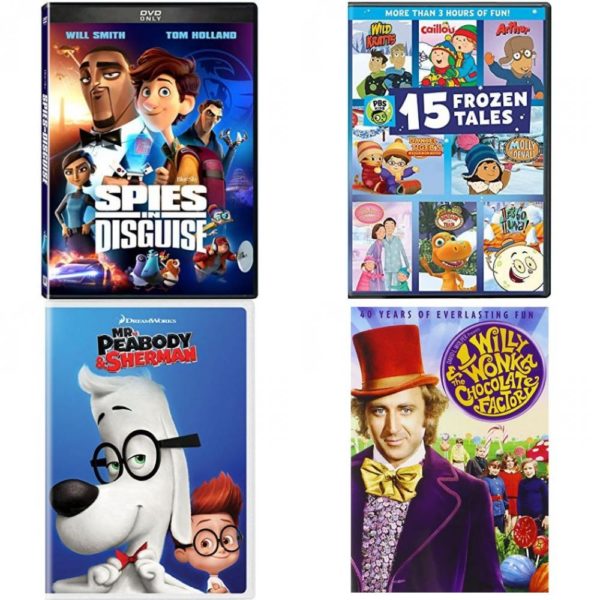 DVD Children's Movies 4 Pack Fun Gift Bundle: Spies in Disguise, PBS Kids: 15 Frozen Tales, Mr. Peabody & Sherman, Willy Wonka & the Chocolate Factory