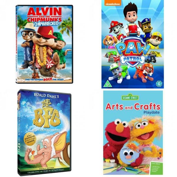 DVD Children's Movies 4 Pack Fun Gift Bundle: Alvin and the Chipmunks: Chipwrecked, Paw Patrol, Roald Dahls The BFG Big Friendly Giant, Sesame Street: Arts and Crafts Playdate