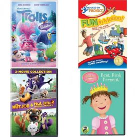 DVD Children's Movies 4 Pack Fun Gift Bundle: Trolls Holiday, Hooked on Phonics: Fun in Motion, The Nut Job / The Nut Job 2: Nutty by Nature 2-Movie Collection, Pinkalicious & Peterrific: Best Pink Present