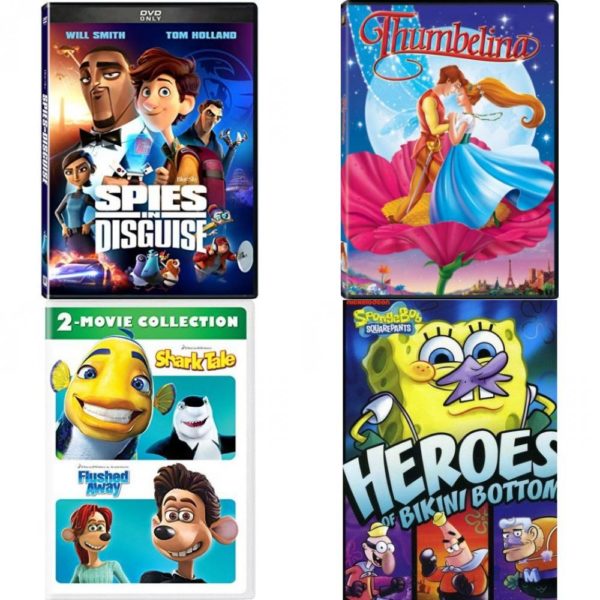 DVD Children's Movies 4 Pack Fun Gift Bundle: Spies in Disguise, Hans Christian Andersens Thumbelina, Shark Tale / Flushed Away, Heroes of Bikini Bottom