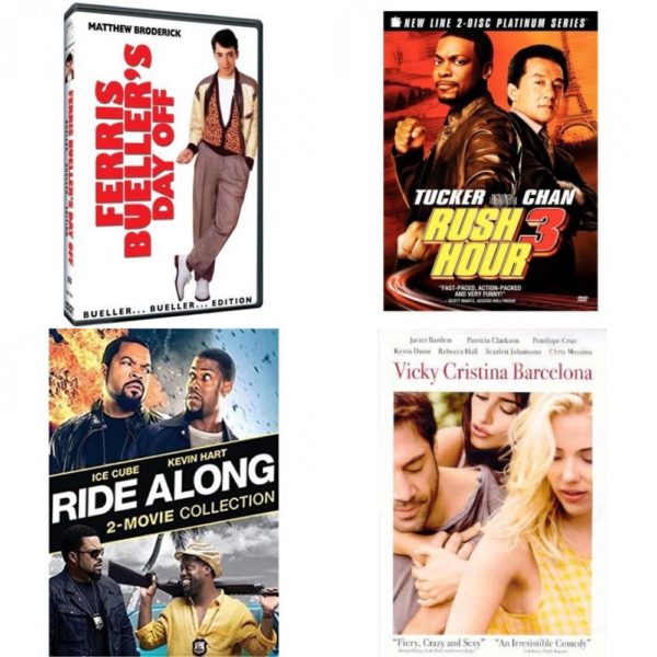 DVD Comedy Movies 4 Pack Fun Gift Bundle: Ferris Bueller's Day Off  Rush Hour 3 Two-Disc Platinum Series  Universal Studios Ride Along 2-Movie Collection  Vicky Cristina Barcelona