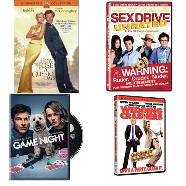 DVD Comedy Movies 4 Pack Fun Gift Bundle: How to Lose a Guy in 10 Days Widescreen Edition  Sex Drive  Game Night   Wedding Crashers - Uncorked Unrated Full Screen Edition
