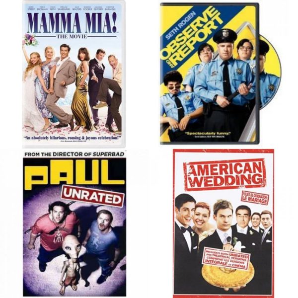 DVD Comedy Movies 4 Pack Fun Gift Bundle: Mamma Mia! The Movie Full Screen  Seth Rogen Observe and Report  PAUL-PAUL  American Wedding