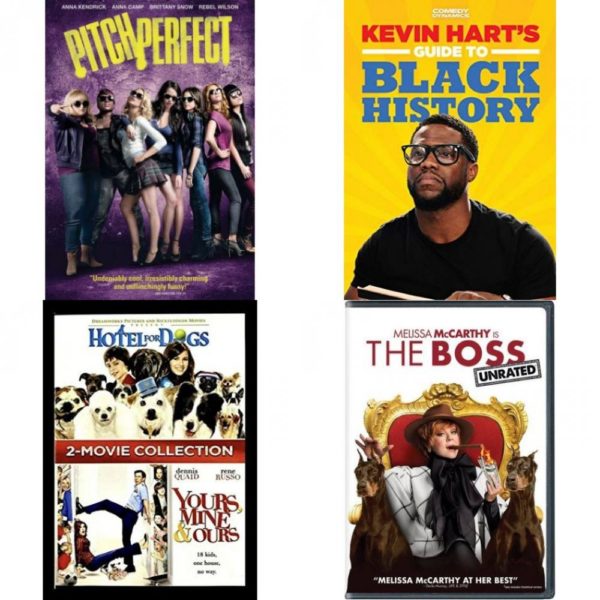 DVD Comedy Movies 4 Pack Fun Gift Bundle: Pitch Perfect  Kevin Hart s Guide to Black History  Hotel for Dogs / Yours, Mine, & Ours - 2-Movie Collection  The Boss