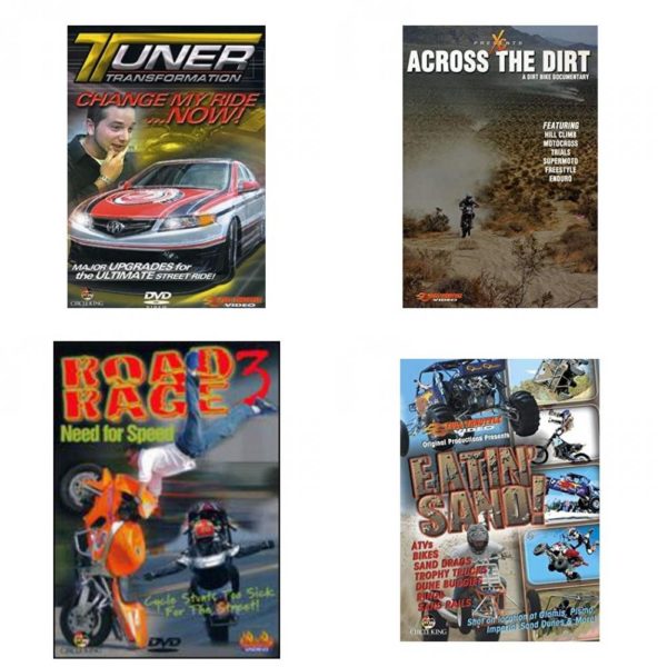 Auto, Truck & Cycle Extreme Stunts & Crashes 4 Pack Fun Gift DVD Bundle: Tuner Transformation: Change My Ride Now  Across the Dirt: A Dirt Bike Documentary  Road Rage Vol. 3 -  Need for Speed  Eatin Sand!