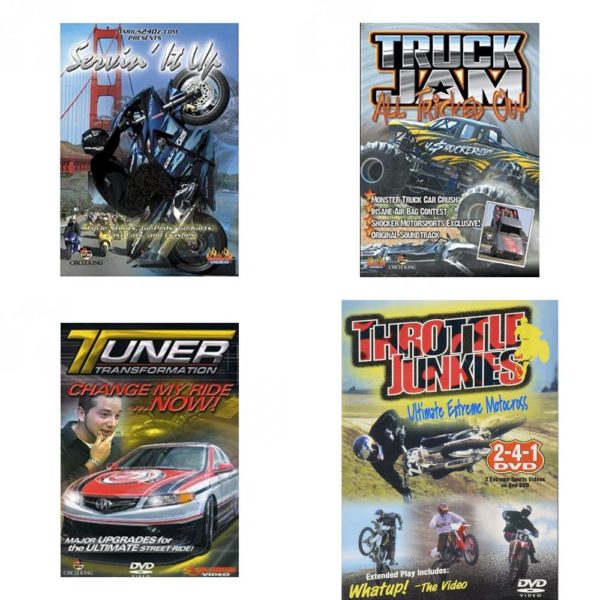 Auto, Truck & Cycle Extreme Stunts & Crashes 4 Pack Fun Gift DVD Bundle: Servin It Up  Truck Jam: All Tricked Out  Tuner Transformation: Change My Ride Now  Throttle Junkies