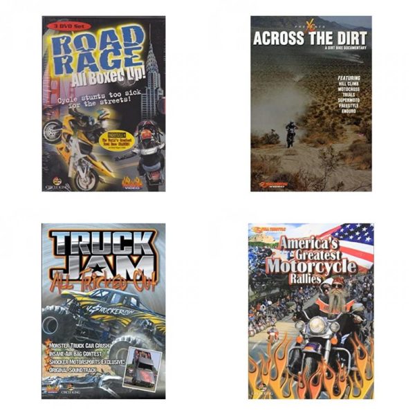Auto, Truck & Cycle Extreme Stunts & Crashes 4 Pack Fun Gift DVD Bundle: Road Rage: All Boxed Up Vols. 1-3  Across the Dirt: A Dirt Bike Documentary  Truck Jam: All Tricked Out  Americas Greatest Motorcycle Rallies