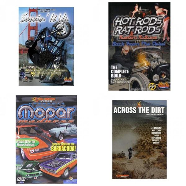 Auto, Truck & Cycle Extreme Stunts & Crashes 4 Pack Fun Gift DVD Bundle: Servin It Up  Hot Rods, Rat Rods & Kustom Kulture: Back from the Dead - The Complete Build  Mopar Madness  Across the Dirt: A Dirt Bike Documentary