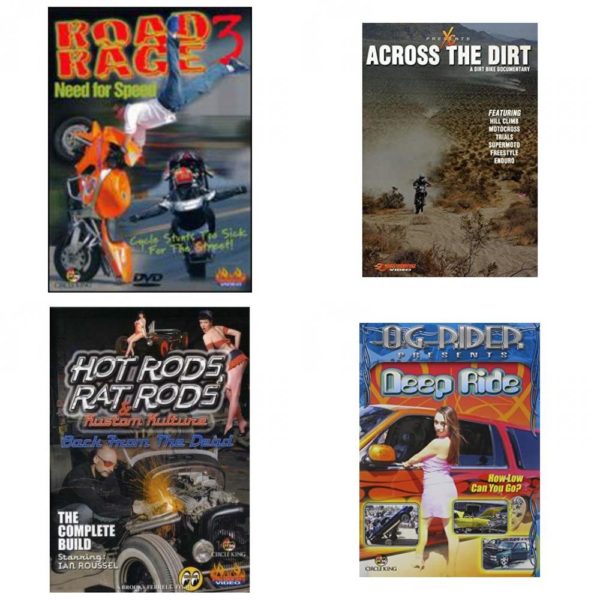 Auto, Truck & Cycle Extreme Stunts & Crashes 4 Pack Fun Gift DVD Bundle: Road Rage Vol. 3 -  Need for Speed  Across the Dirt: A Dirt Bike Documentary  Hot Rods, Rat Rods & Kustom Kulture: Back from the Dead - The Complete Build  Og Rider: Deep Ride