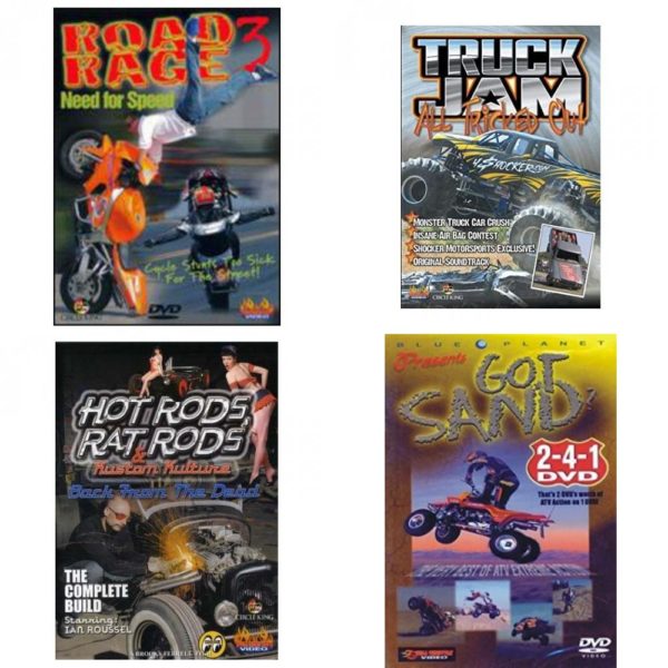 Auto, Truck & Cycle Extreme Stunts & Crashes 4 Pack Fun Gift DVD Bundle: Road Rage Vol. 3 -  Need for Speed  Truck Jam: All Tricked Out  Hot Rods, Rat Rods & Kustom Kulture: Back from the Dead - The Complete Build  Got Sand? by Blue Planet