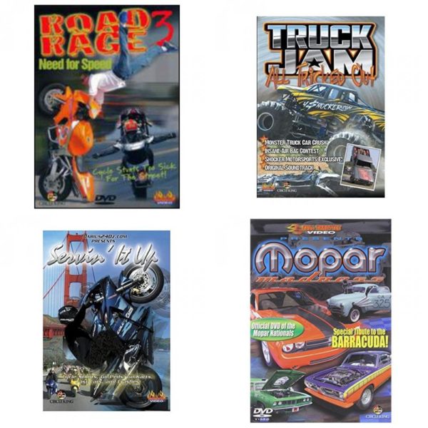 Auto, Truck & Cycle Extreme Stunts & Crashes 4 Pack Fun Gift DVD Bundle: Road Rage Vol. 3 -  Need for Speed  Truck Jam: All Tricked Out  Servin It Up  Mopar Madness