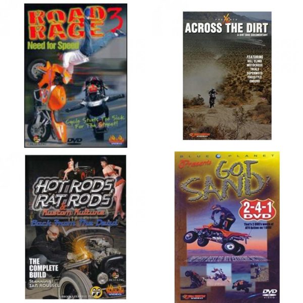 Auto, Truck & Cycle Extreme Stunts & Crashes 4 Pack Fun Gift DVD Bundle: Road Rage Vol. 3 -  Need for Speed  Across the Dirt: A Dirt Bike Documentary  Hot Rods, Rat Rods & Kustom Kulture: Back from the Dead - The Complete Build  Got Sand? by Blue Planet