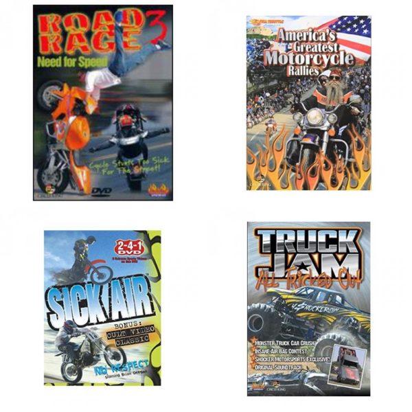 Auto, Truck & Cycle Extreme Stunts & Crashes 4 Pack Fun Gift DVD Bundle: Road Rage Vol. 3 -  Need for Speed  Americas Greatest Motorcycle Rallies  Sick Air  Truck Jam: All Tricked Out