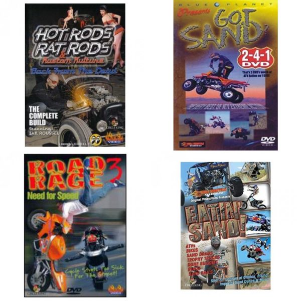 Auto, Truck & Cycle Extreme Stunts & Crashes 4 Pack Fun Gift DVD Bundle: Hot Rods, Rat Rods & Kustom Kulture: Back from the Dead - The Complete Build  Got Sand? by Blue Planet  Road Rage Vol. 3 -  Need for Speed  Eatin Sand!