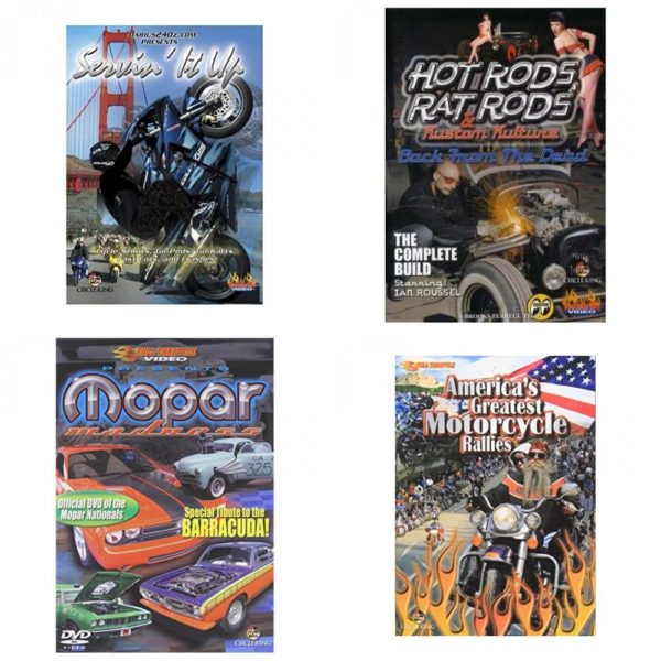 Auto, Truck & Cycle Extreme Stunts & Crashes 4 Pack Fun Gift DVD Bundle: Servin It Up  Hot Rods, Rat Rods & Kustom Kulture: Back from the Dead - The Complete Build  Mopar Madness  Americas Greatest Motorcycle Rallies