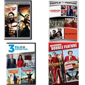 DVD Assorted Multi-Feature Movies 4 Pack Fun Gift Bundle: 2 Movies: 300 / 300: Rise of an Empire   3 Movies: London Has Fallen / Triple 9 / Killer Elite   3 Movies: Intern / Tammy / Blended    2 Movies: Anchorman Collection