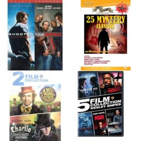 DVD Assorted Multi-Feature Movies 4 Pack Fun Gift Bundle: 2 Movies: Shooter / Four Brothers  25 Mystery Classics  2 Movies: Willy Wonka and the Chocolate Factory / Charlie and the Chocolate Chocolate Factory  5 Movies: Wesley Snipes Collection