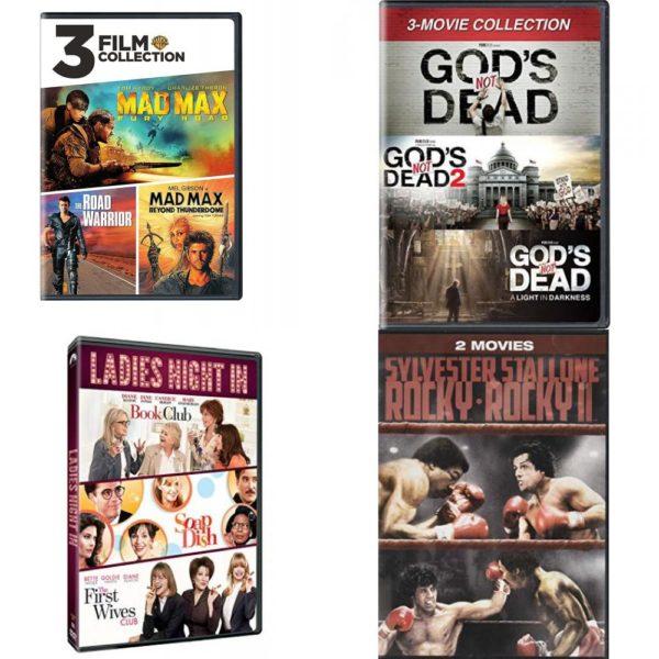 DVD Assorted Multi-Feature Movies 4 Pack Fun Gift Bundle: 3 Movies: Mad Max  Fury Road, Road Warrior, Beyong Thunderdome  3 Movies: God's Not Dead: Collection  3 Movies: Ladies Night In  2 Movies: Rocky 1 & 2