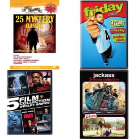 DVD Assorted Multi-Feature Movies 4 Pack Fun Gift Bundle: 25 Mystery Classics  3 Movies: Friday 1-3 Collection  5 Movies: Wesley Snipes Collection    7 Movies: Jackass