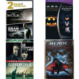 DVD Assorted Multi-Feature Movies 4 Pack Fun Gift Bundle: 2 Movies: The Mule / Gran Torino  2 Movies: Batman/Batman Returns  2 Movies: 10 Cloverfield Lane / Cloverfield  3 Movies: Blade Trilogy