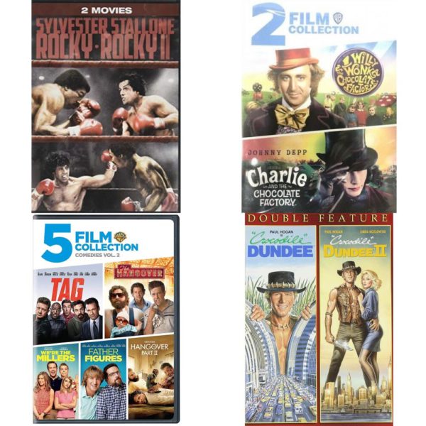 DVD Assorted Multi-Feature Movies 4 Pack Fun Gift Bundle: 2 Movies: Rocky 1 & 2   2 Movies: Willy Wonka and the Chocolate Factory / Charlie and the Chocolate Chocolate Factory  5 Movies: Comedy Collection  2 Movies: Crocodile Dundee-Crocodile Dundee II