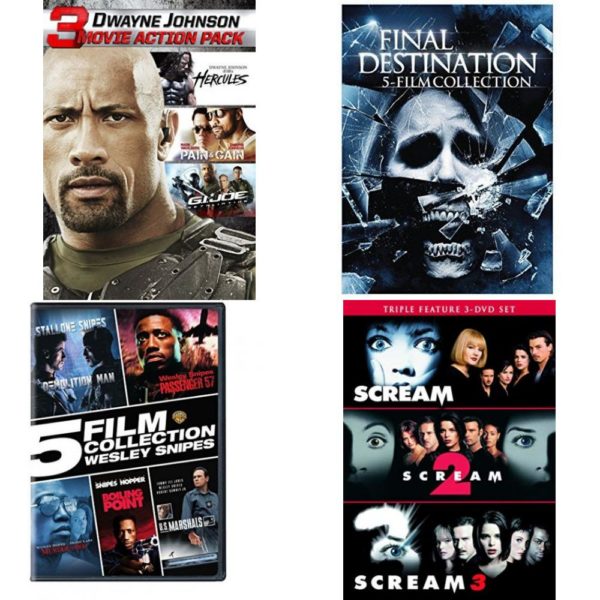 DVD Assorted Multi-Feature Movies 4 Pack Fun Gift Bundle: 2 Movies: Dwayne Johnson Action Collection  5 Movies: Final Destination Franchise   5 Movies: Wesley Snipes Collection    3 Movies: Scream 3