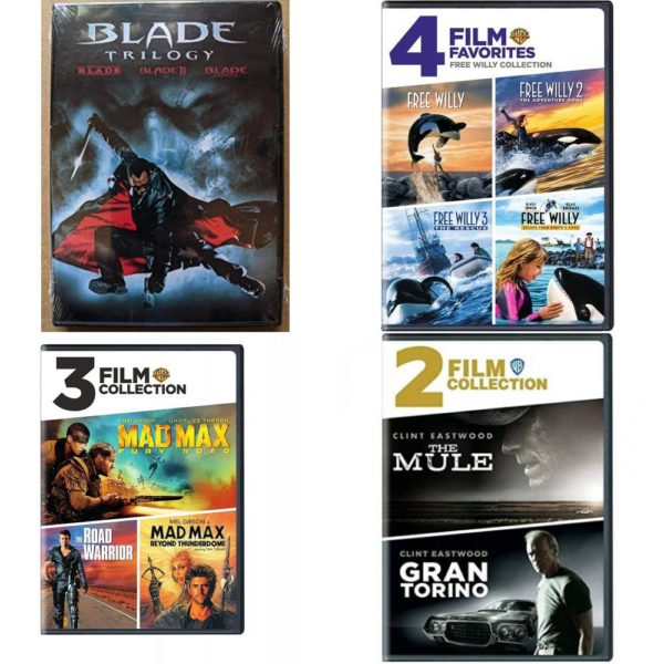DVD Assorted Multi-Feature Movies 4 Pack Fun Gift Bundle: 3 Movies: Blade Trilogy  4 Movies: Free Willy 1-4  3 Movies: Mad Max  Fury Road, Road Warrior, Beyong Thunderdome  2 Movies: The Mule / Gran Torino