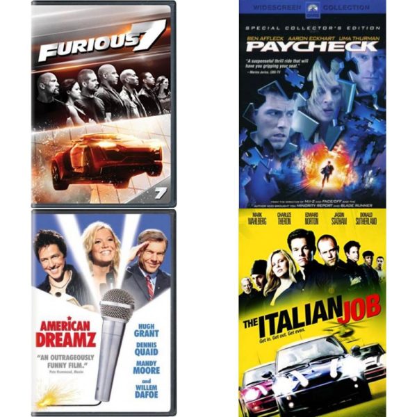 DVD Assorted Movies 4 Pack Fun Gift Bundle: Furious 7, Paycheck, American Dreamz, The Italian Job