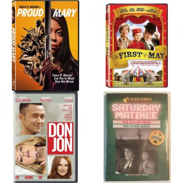 DVD Assorted Movies 4 Pack Fun Gift Bundle: Proud Mary, The First of May, Don Jon, Double Feature - The Desert Trail / the Dawn Rider