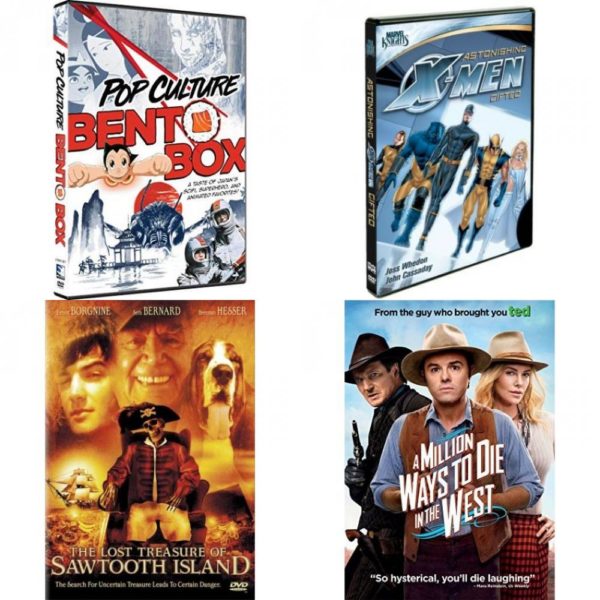 DVD Assorted Movies 4 Pack Fun Gift Bundle: Pop Culture Bento Box, Astonishing X-Men - Gifted, The Lost Treasure of Sawtooth Island, A Million Ways to Die in the West
