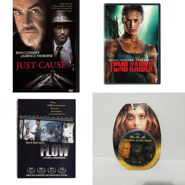 DVD Assorted Movies 4 Pack Fun Gift Bundle: Just Cause, Tomb Raider, Flow - The True Story of a Surfing Revolution, Gardens of the Night