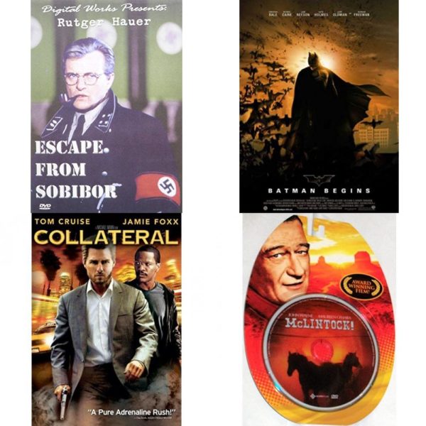 DVD Assorted Movies 4 Pack Fun Gift Bundle: Escape from Sobibor, BATMAN BEGINS, Collateral, McLintock!