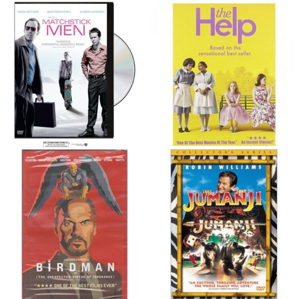 DVD Assorted Movies 4 Pack Fun Gift Bundle: Matchstick Men, The Help, Birdman, Jumanji