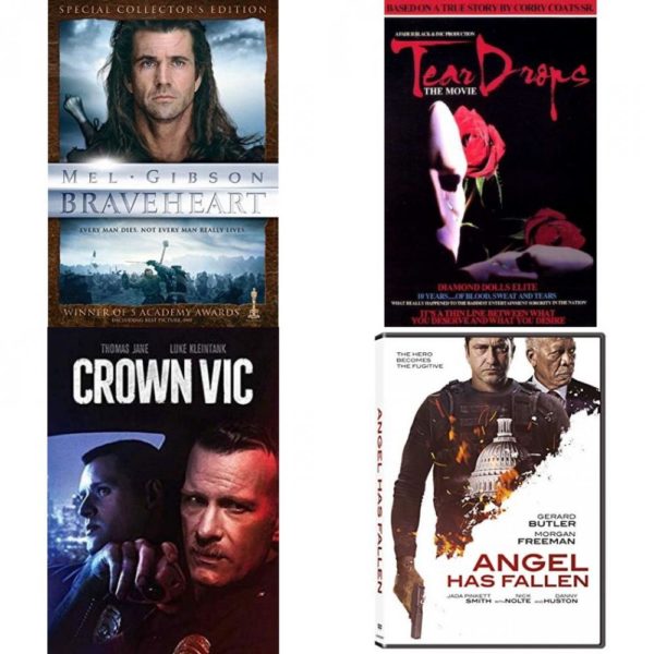 DVD Assorted Movies 4 Pack Fun Gift Bundle: Braveheart, Tear Drops - The Movie, Crown Vic, Angel Has Fallen