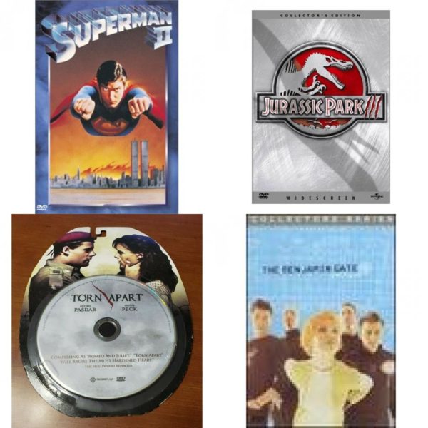 DVD Assorted Movies 4 Pack Fun Gift Bundle: Superman II, Jurassic Park III, Torn apart, The Benjamin Gate: Contact