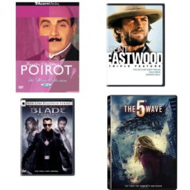 DVD Assorted Movies 4 Pack Fun Gift Bundle: Agatha Christies Poirot, Triple Feature: Outlaw Josey Wales / Pale Rider / Bronco Billy, Blade: Trinity, The 5th Wave