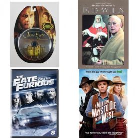 DVD Assorted Movies 4 Pack Fun Gift Bundle: Jane Eyre, Sir Alec Guinness in Edwin, The Fate of the Furious, A Million Ways to Die in the West