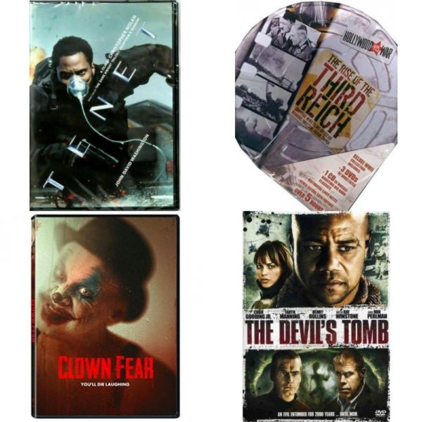 DVD Assorted Movies 4 Pack Fun Gift Bundle: Tenet, WWII RISE OF THE THIRD REICH, CLOWN FEAR, The Devil's Tomb