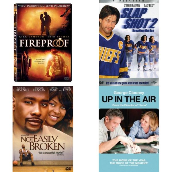 DVD Assorted Movies 4 Pack Fun Gift Bundle: Fireproof, Slap Shot 2 - Breaking the Ice, Not Easily Broken, Up in the Air
