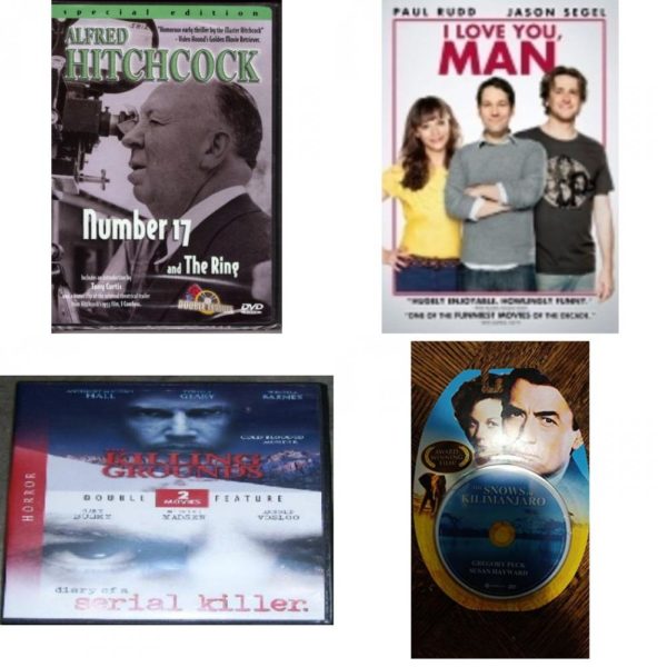 DVD Assorted Movies 4 Pack Fun Gift Bundle: Alfred Hitchcock Number 17 and the Ring, I Love You Man, The Killing Grounds / Diary of a Serial Killer Double Feature, The Snows of Kilimanjaro