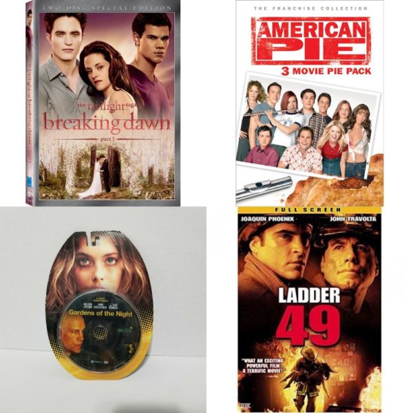 DVD Assorted Movies 4 Pack Fun Gift Bundle: The Twilight Saga: Breaking Dawn, American Pie: 3 Movie Pie Pack, Gardens of the Night, LADDER 49 FULL SCREEN EDITION