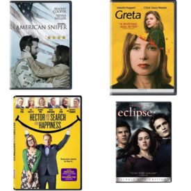 DVD Assorted Movies 4 Pack Fun Gift Bundle: American Sniper, Greta, Hector and the Search for Happiness, The Twilight Saga: Eclipse