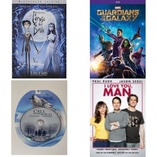 DVD Assorted Movies 4 Pack Fun Gift Bundle: Tim Burtons Corpse Bride, GUARDIANS OF THE GALAXY, Call of the Wild, I Love You Man
