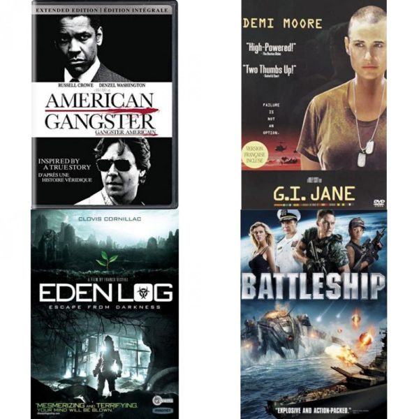 DVD Assorted Movies 4 Pack Fun Gift Bundle: American Gangster, G.I. Jane, Eden Log, Battleship