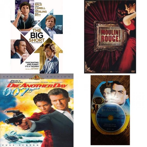 DVD Assorted Movies 4 Pack Fun Gift Bundle: The Big Short, Moulin Rouge!, Die Another Day, The Snows of Kilimanjaro