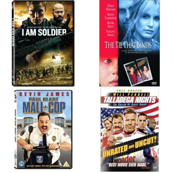 DVD Assorted Movies 4 Pack Fun Gift Bundle: I Am Soldier, The Tie that Binds, Paul Blart: Mall Cop, Talladega Nights - The Ballad of Ricky Bobby