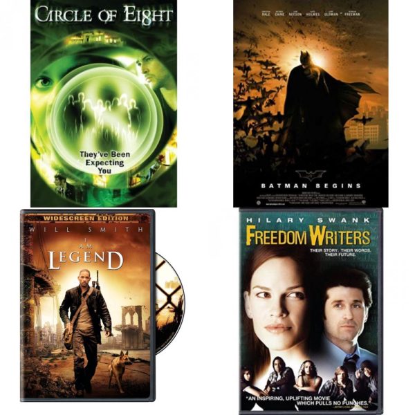 DVD Assorted Movies 4 Pack Fun Gift Bundle: Circle of Eight, BATMAN BEGINS, I Am Legend, Freedom Writers