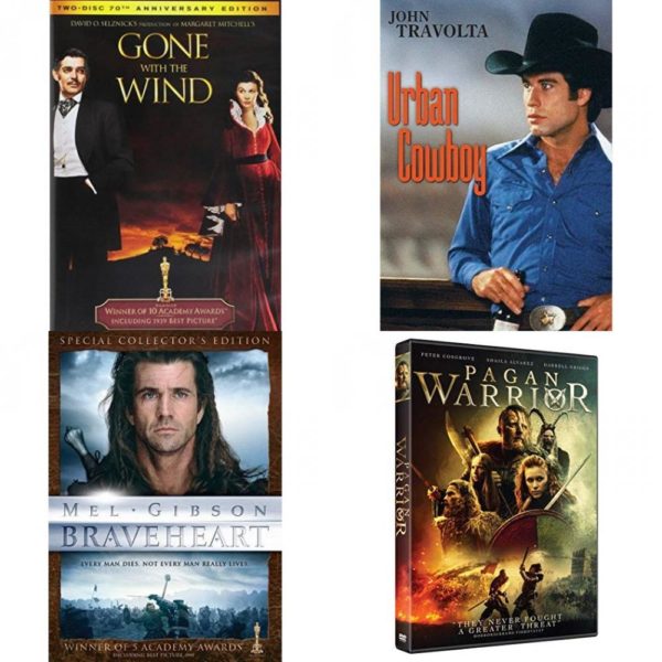 DVD Assorted Movies 4 Pack Fun Gift Bundle: Gone With the Wind, Urban Cowboy, Braveheart, Pagan Warrior