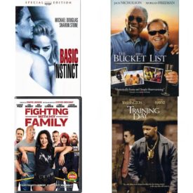 DVD Assorted Movies 4 Pack Fun Gift Bundle: Basic Instinct, The Bucket List, Fighting with My Family, Training Day